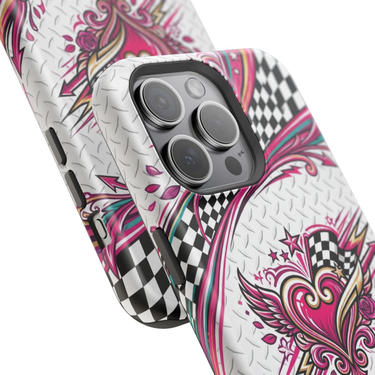 Magnetic Phone Case – Pink Paisley Heart & Checkerboard Design