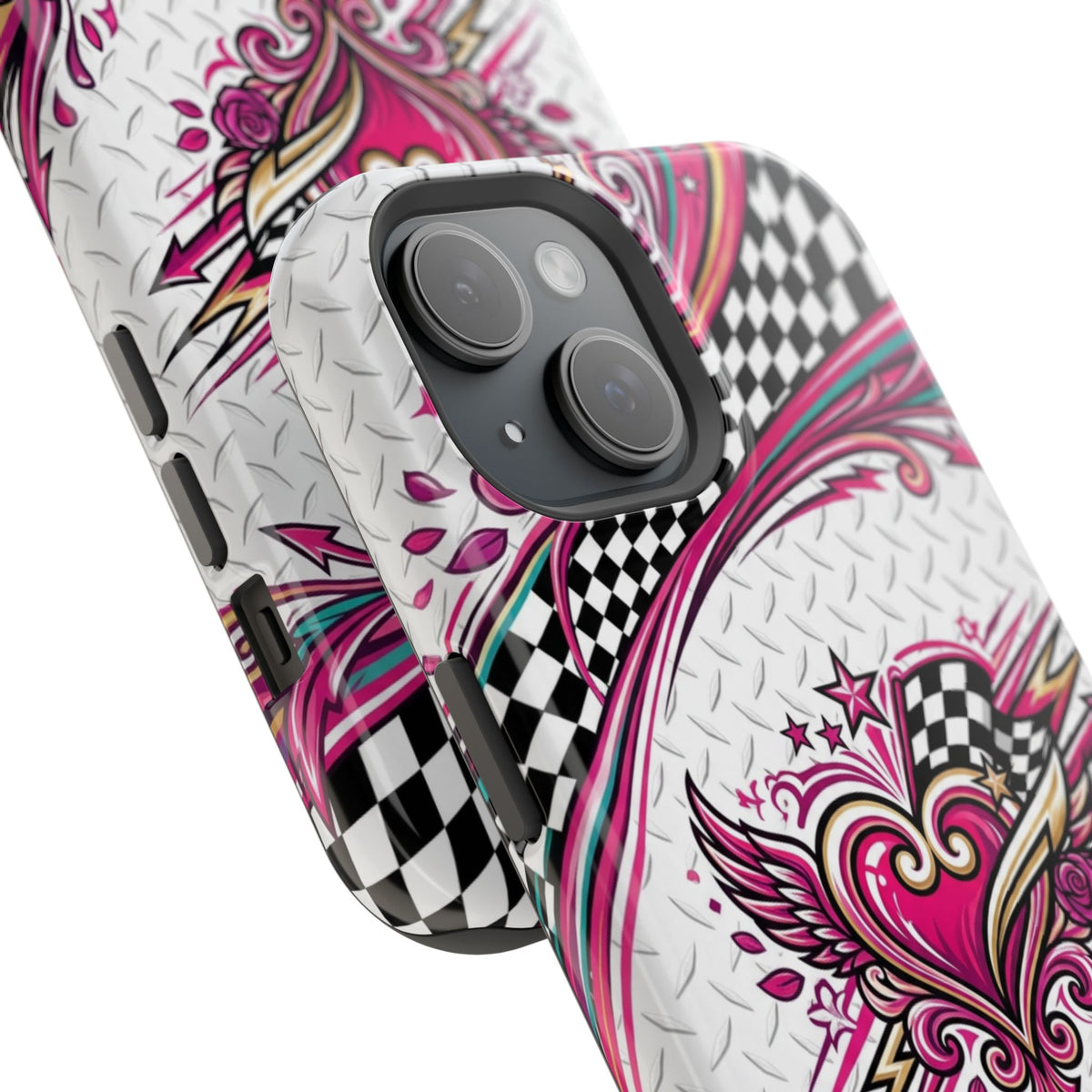 Magnetic Phone Case – Pink Paisley Heart & Checkerboard Design