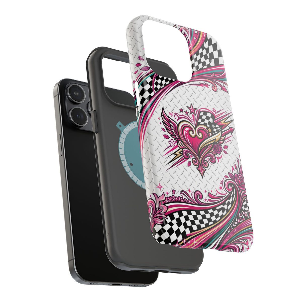 Magnetic Phone Case – Pink Paisley Heart & Checkerboard Design