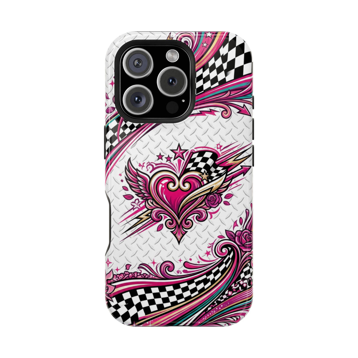 Magnetic Phone Case – Pink Paisley Heart & Checkerboard Design