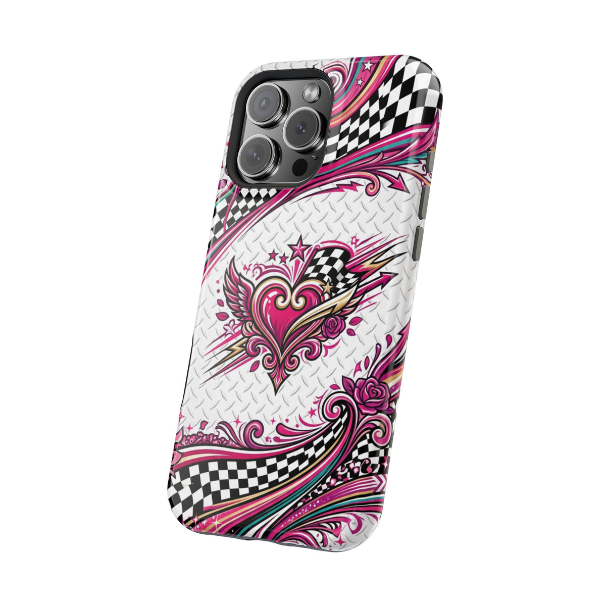 Magnetic Phone Case – Pink Paisley Heart & Checkerboard Design