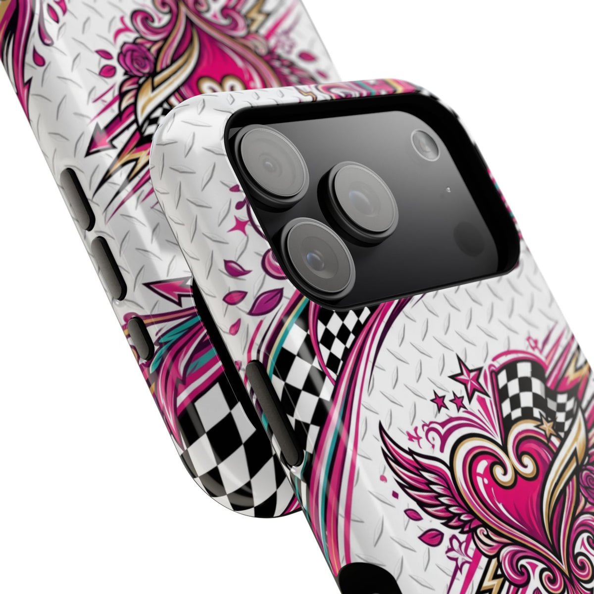 Magnetic Phone Case – Pink Paisley Heart & Checkerboard Design