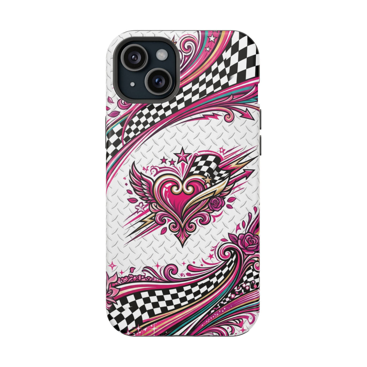 Magnetic Phone Case – Pink Paisley Heart & Checkerboard Design