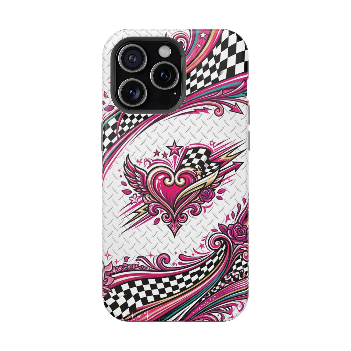 Magnetic Phone Case – Pink Paisley Heart & Checkerboard Design
