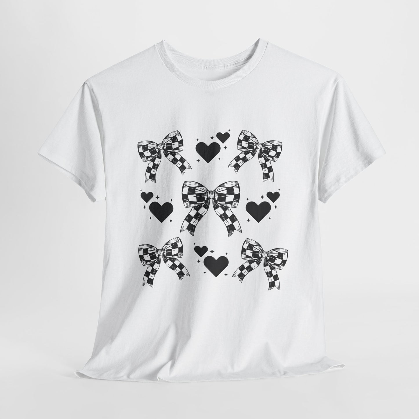 Checkered Flag Bows & Hearts Pattern Tee, Cute Graphic T-Shirt, Casual Wear, Gifts for Her, Everyday Style