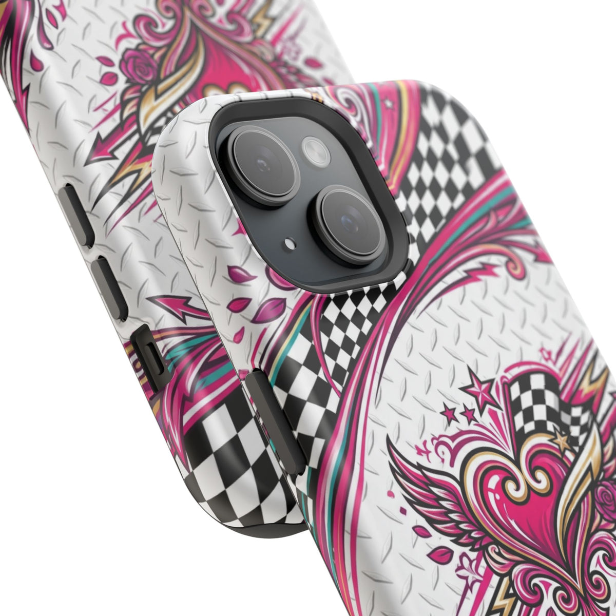 Magnetic Phone Case – Pink Paisley Heart & Checkerboard Design