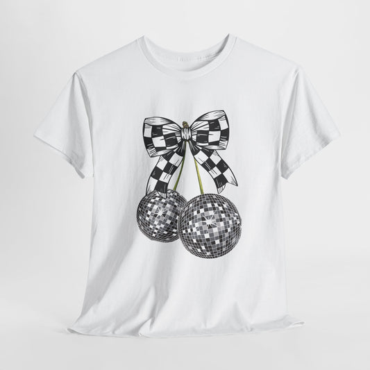 Retro Disco Ball Checkered Flag Bow Racing T-shirt