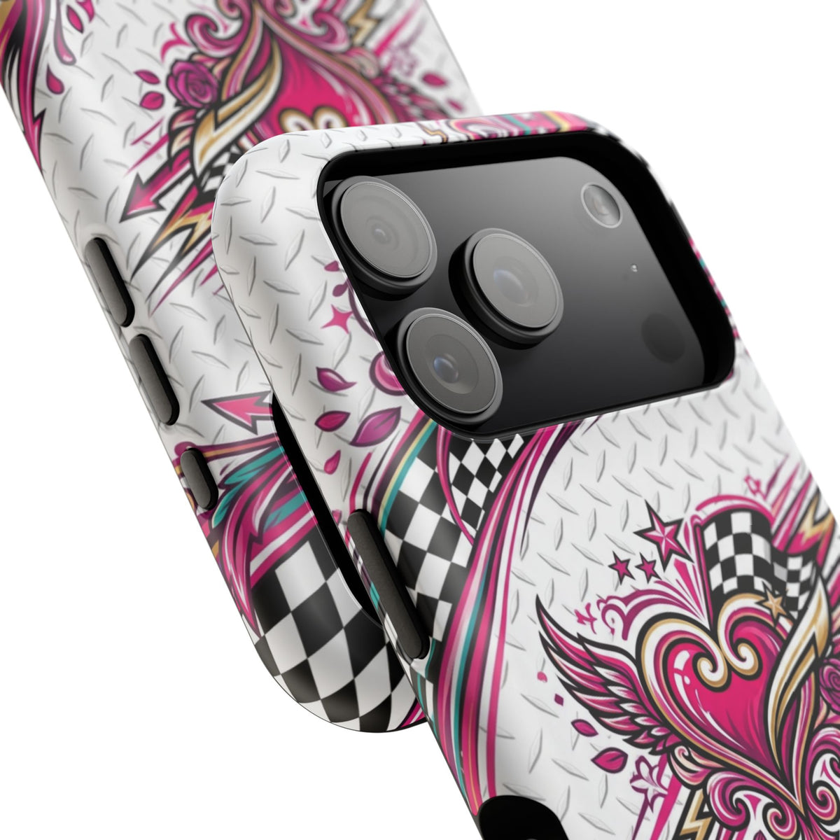 Magnetic Phone Case – Pink Paisley Heart & Checkerboard Design