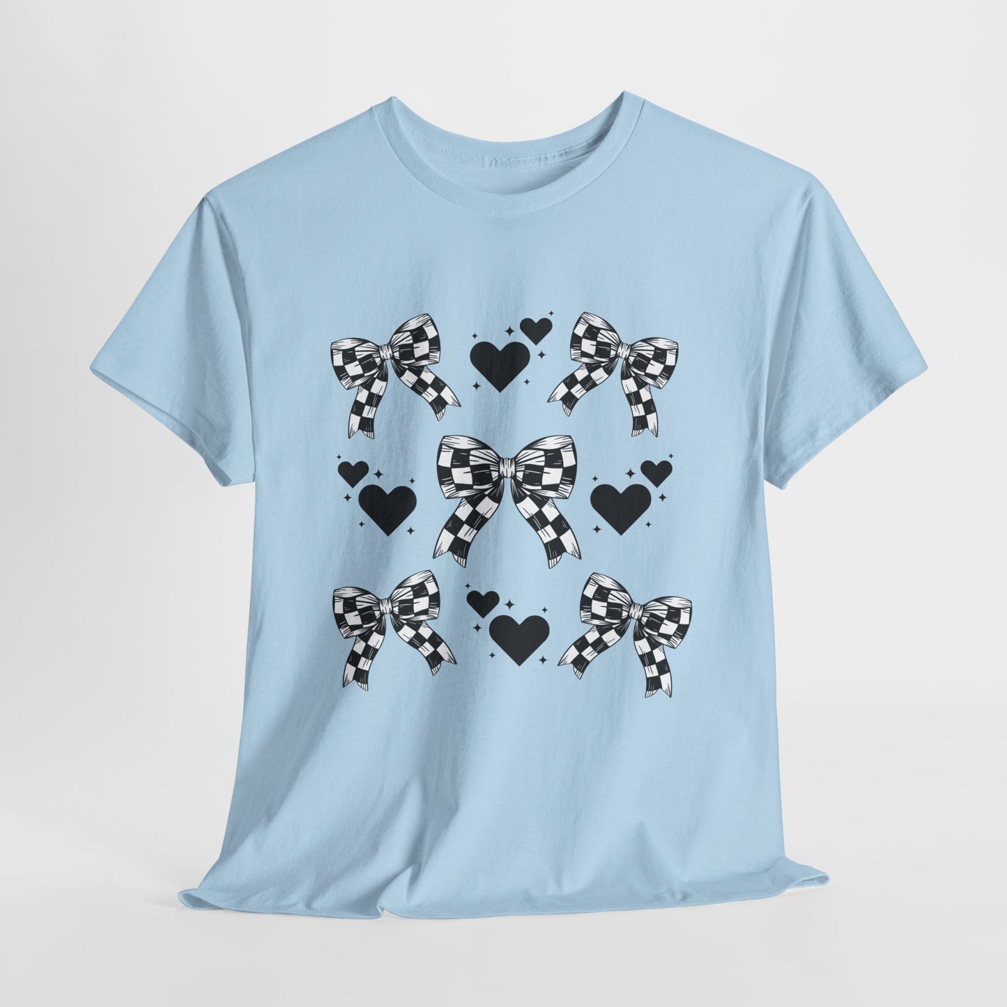 Checkered Flag Bows & Hearts Pattern Tee, Cute Graphic T-Shirt, Casual Wear, Gifts for Her, Everyday Style