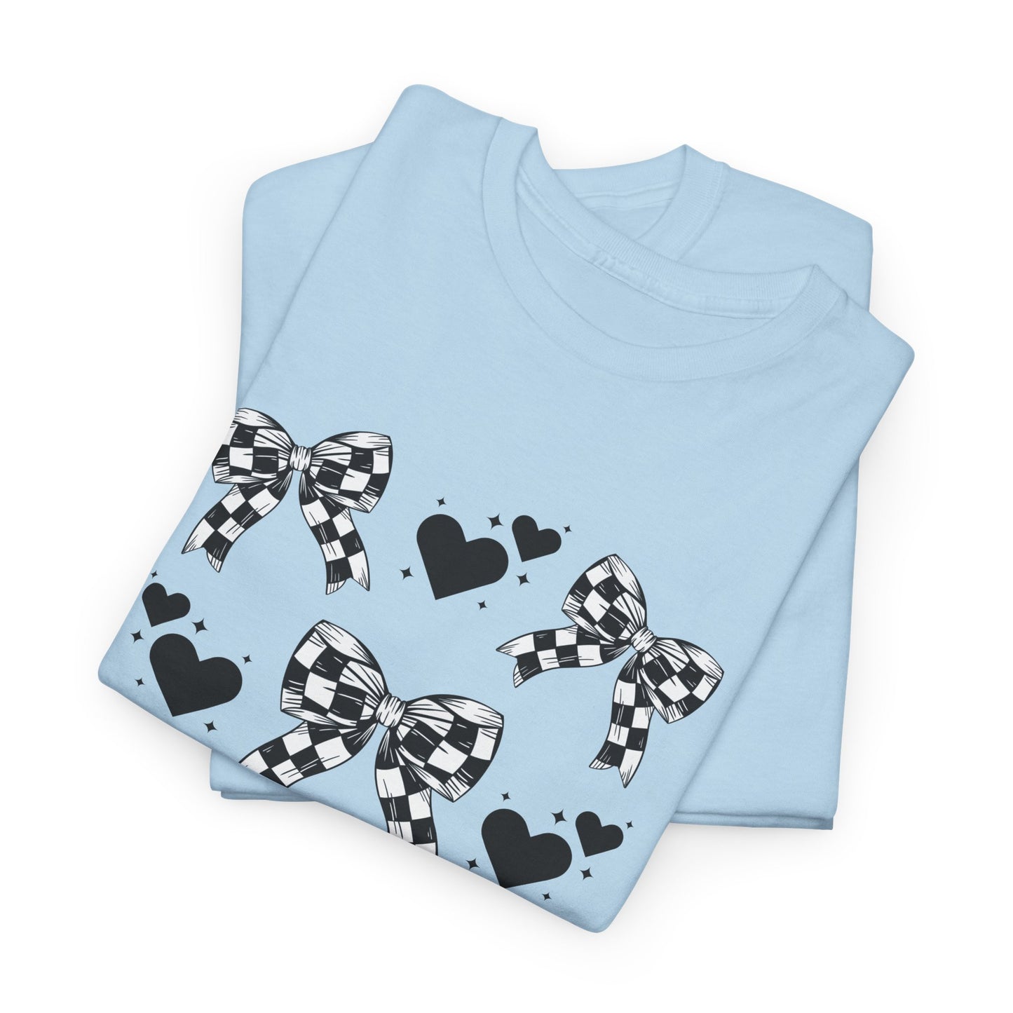 Checkered Flag Bows & Hearts Pattern Tee, Cute Graphic T-Shirt, Casual Wear, Gifts for Her, Everyday Style