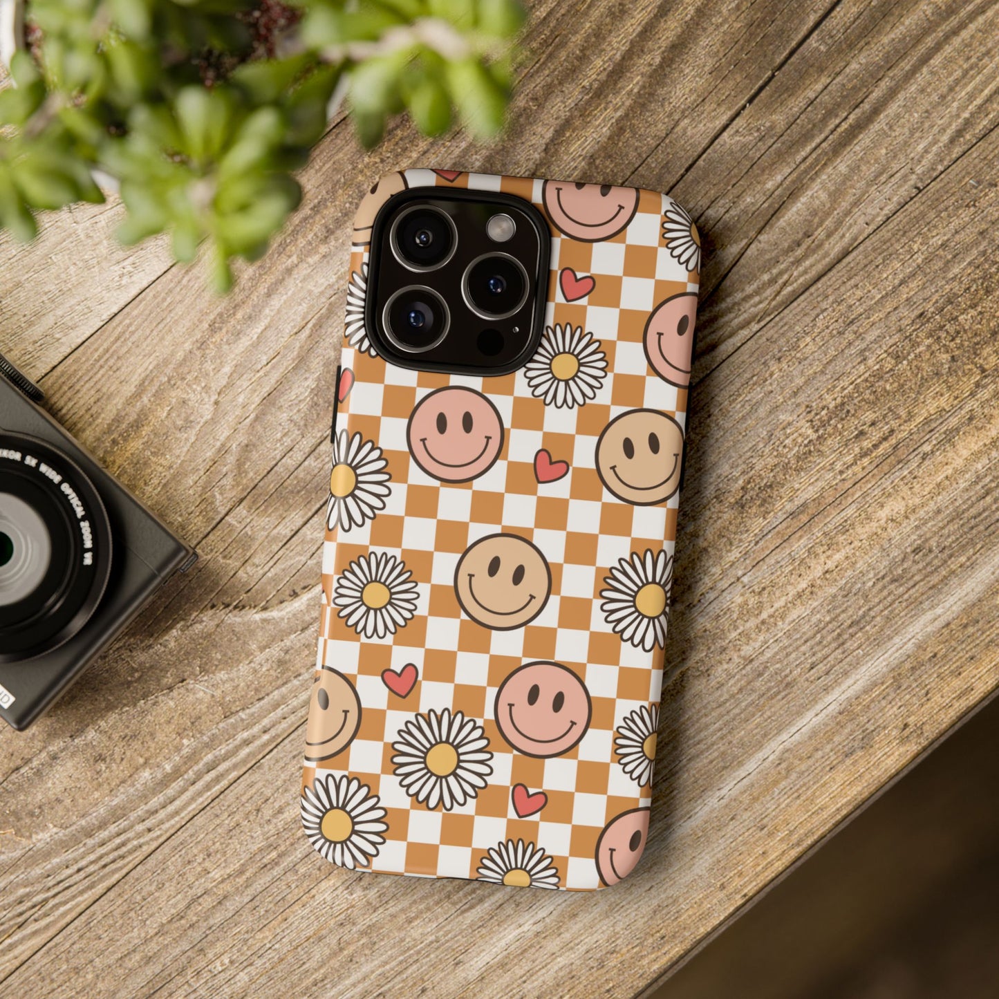 Checkerboard Happy Faces and Daisies, Cheerful Phone Cover Tough Case