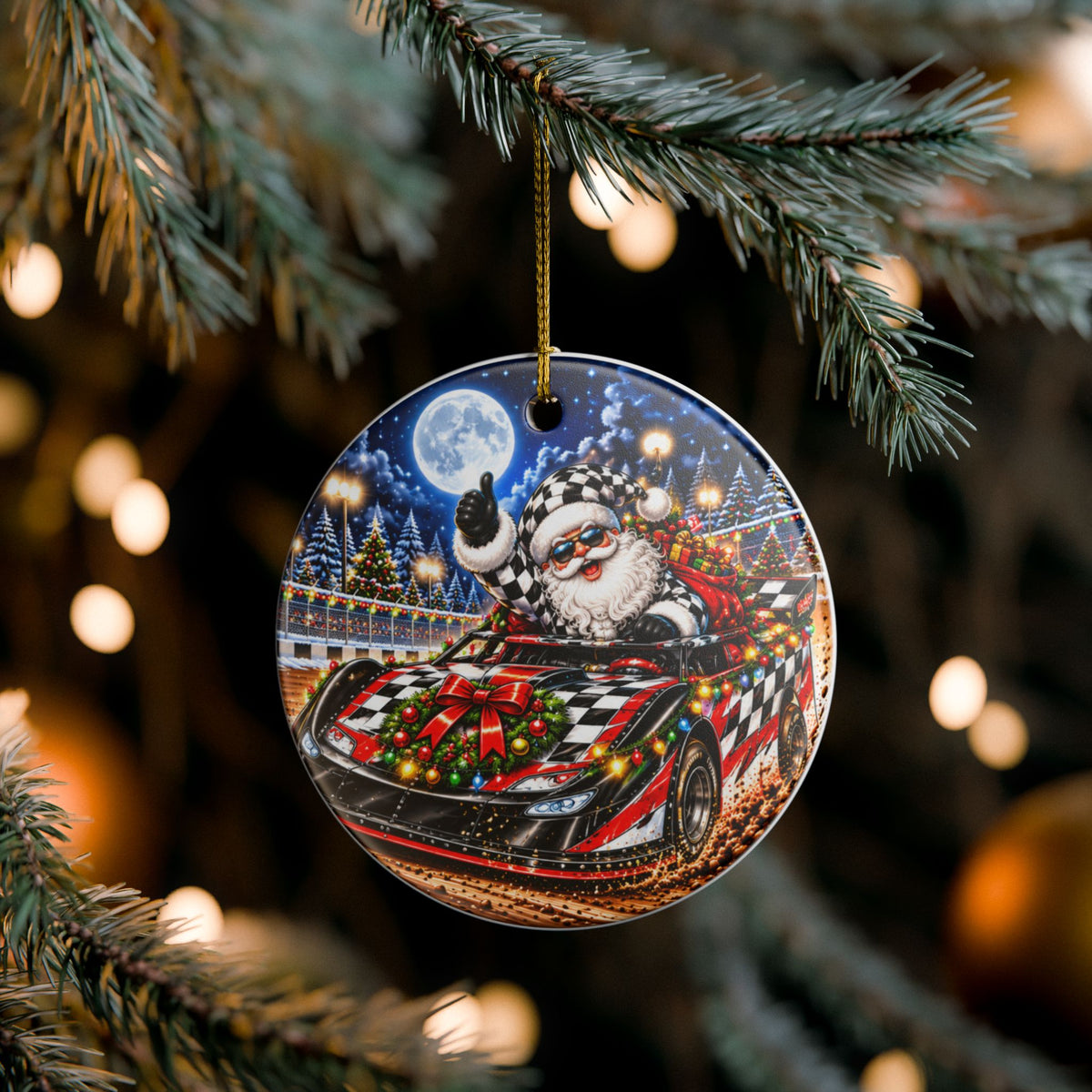 Late ModelChristmas Ornament – Santa Race Car Ceramic Decoration