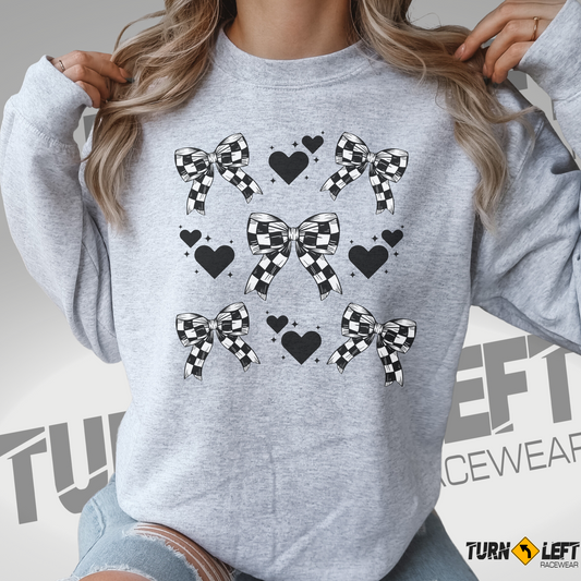 womens racing sweatshirts. checkered flag bows, checker hair bows, racing shirts for women, 