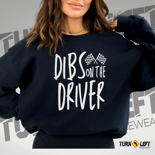 Dibs On The Driver Sweatshirt. Race wife shirts, racers girlfriend sweatshirts. Women checkered flag racing crewneck sweatshirt