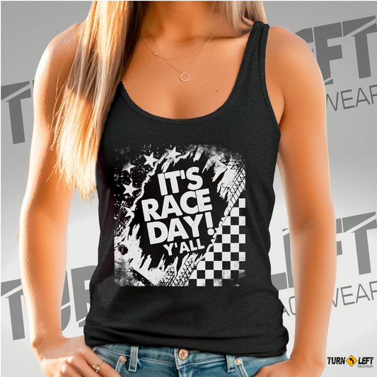 Women's dirt track racing tank tops, It's raceday y'all shirts. Stock car racing shirts for women. Checker flag racing tank tops