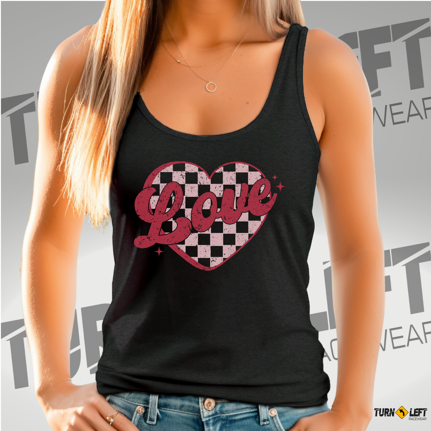 Distressed Checker Heart Racing Tank Top