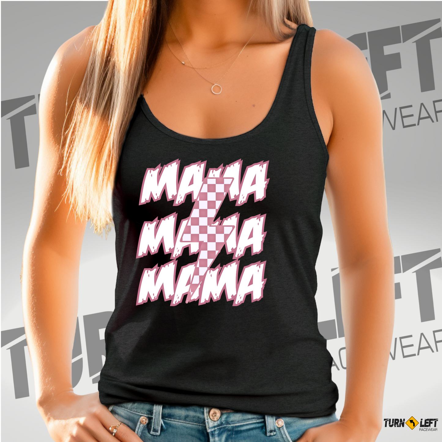 Mama Racing Shirts, Checker flag lightning bolt tank tops, Race Mom Tank Tops. Pink and white checker flag shirts