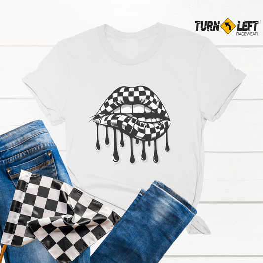 Racing Lips Tee, Checkered flag lips, Womens Racing t-shirts. Racing gifts for women