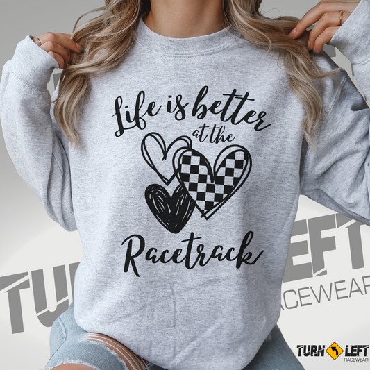 BOHO Racing Crew Neck Sweatshirt. Womens Racing Quote Crewneck Sweatshirts. Life Is Better At The Racetrack. Women's Checker Flag Shirts. Nascar Racing Sweatshirts. Checker Heart Racing Gear for Women