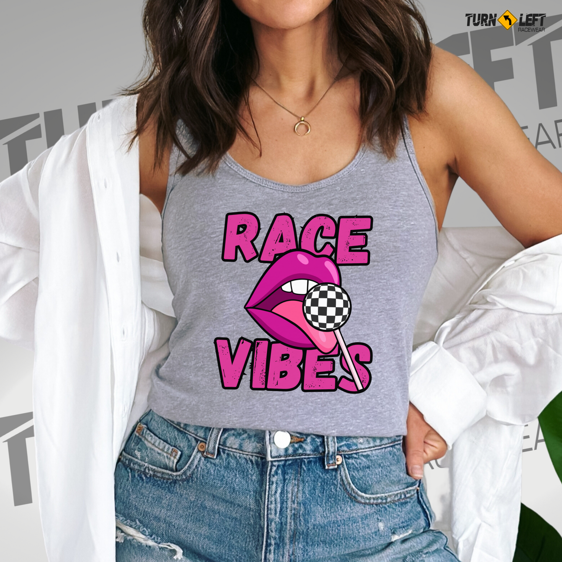 Women's checker flag racing tank tops, Race Vibes Tanks, Racing quote shirts for women. Racing lips race mouth checker flag candy lollypop graphic tops. 