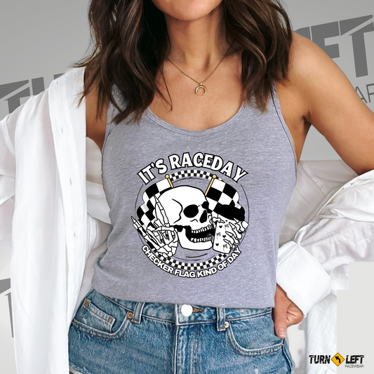 Women's checker flag tank tops. Skeleton racing shirts for women. Dirt track racing apparel for all your checker flag racing events.