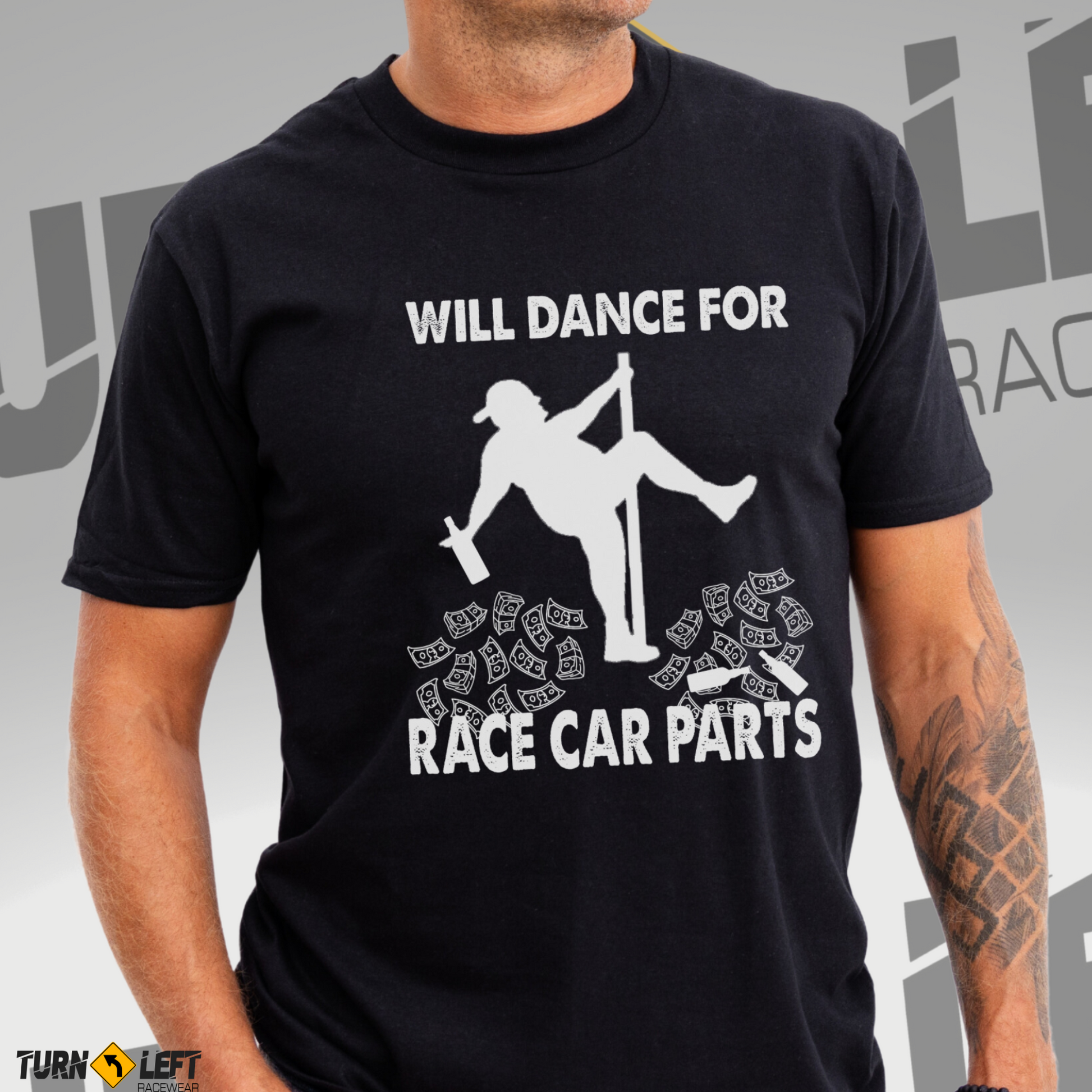 Funny car racing t-shirts for men. Pole dancing fat man tee. Dirt track Racing SWill Dance For Race Car Parts Shirt, Fat Man Pole Dancer tshirts. Men's dirt track racing shirts. Will dance for racecar part t-shirt for men