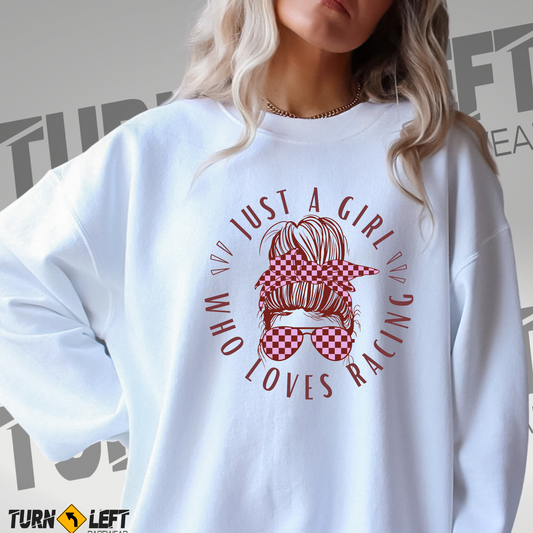 Messy bun racing sweatshirt. Dirt Track Racing crewneck sweatshirts, Race wife, race moms, and race fan sweatshirts. Just A Girl Who Love Racing Sweatshirt Messy Bun Racing Shirts, 