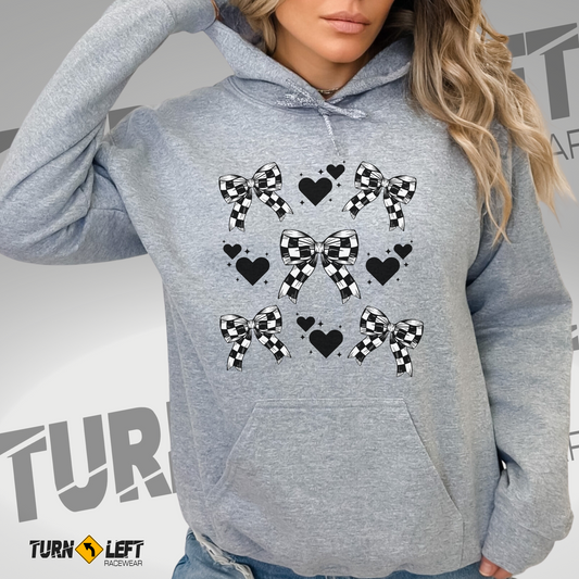 Checkered hair bow shirts, womens racing gifts, Racing hoodies for women. Dirt track racing sweatshirts