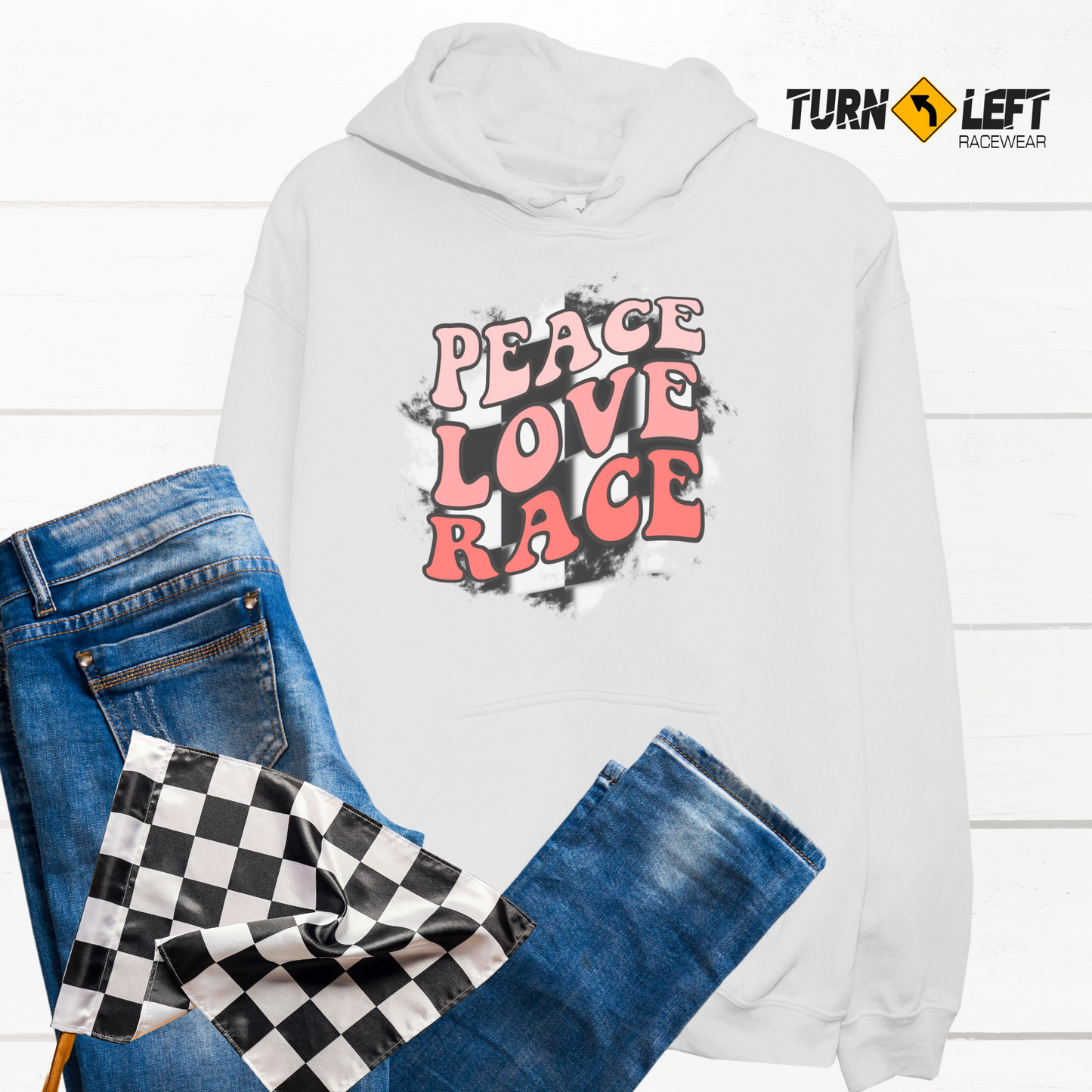 Peace Love Race Checkered Flag  Hoodie