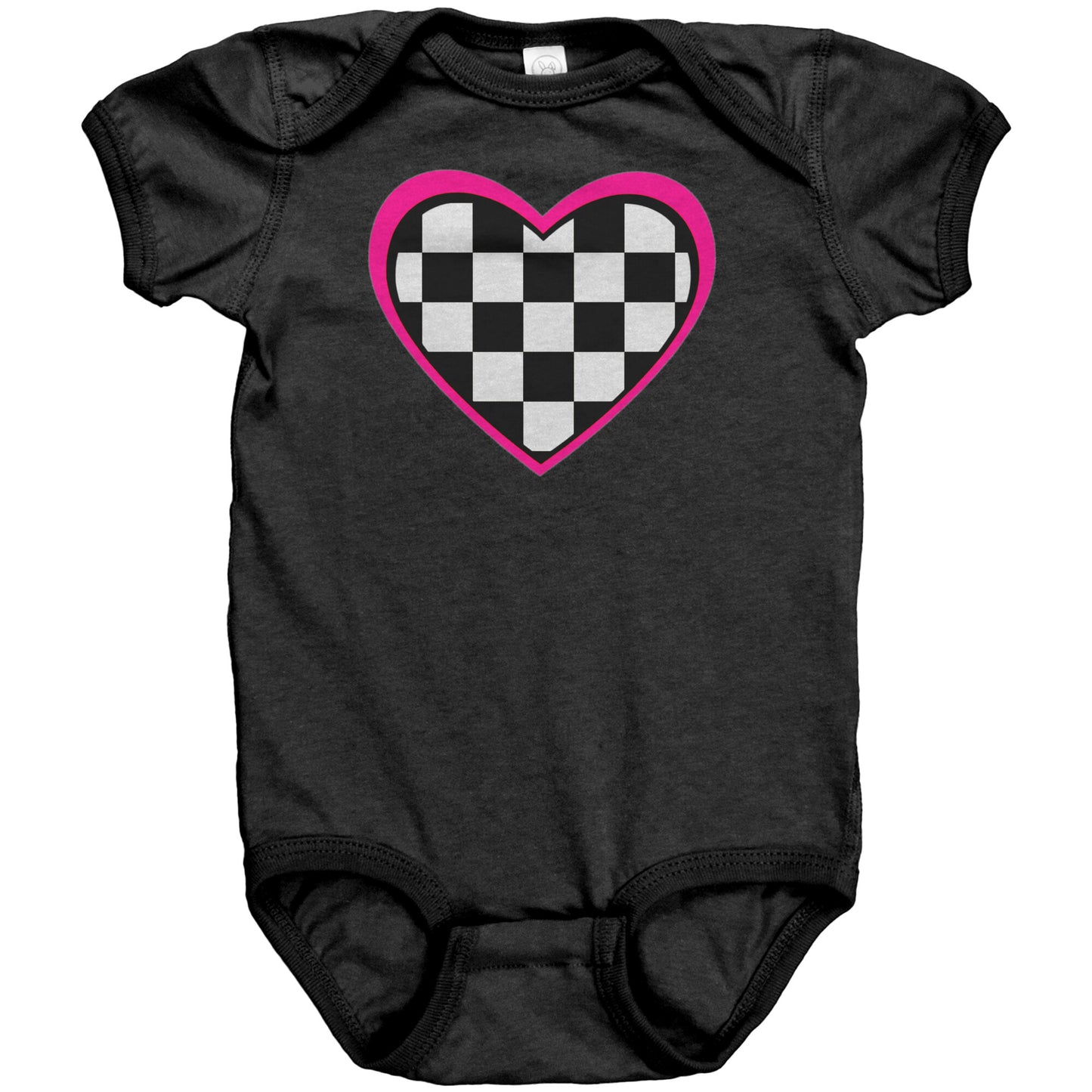 PINK CHECKERED FLAG RACING HEART INFANT BODYSUIT