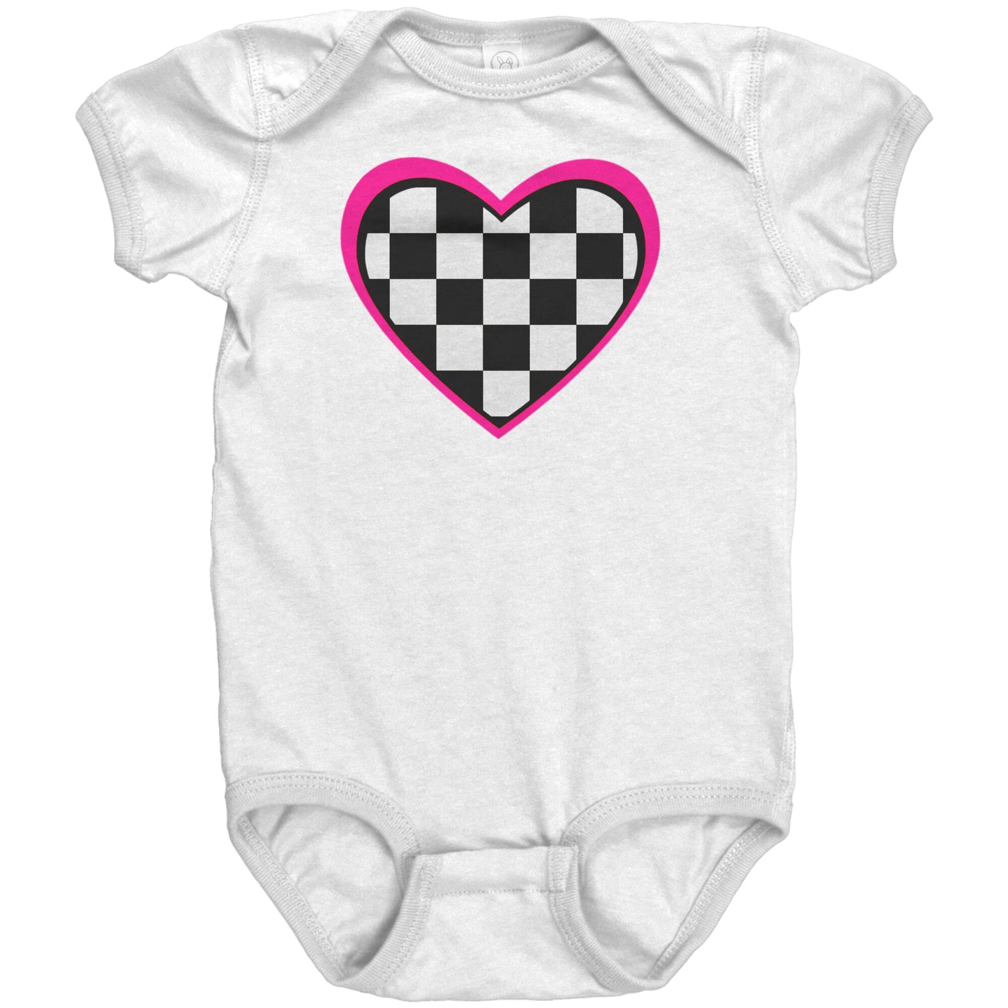 PINK CHECKERED FLAG RACING HEART INFANT BODYSUIT