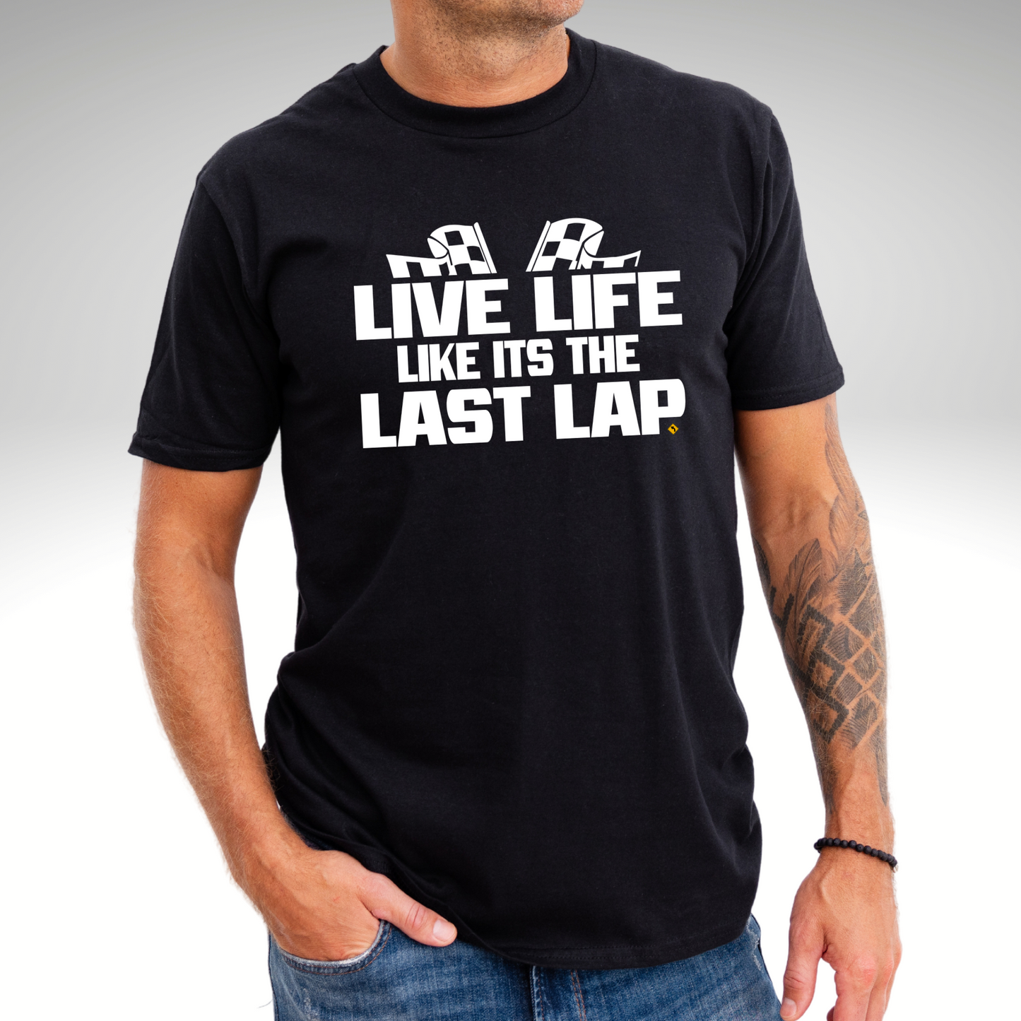 Men's Dirt Track Racing Quote T-Shirts. Dirt car racing shirts for men. Live Life Like It's The Last Lap T-Shirts. Men racing gifts 