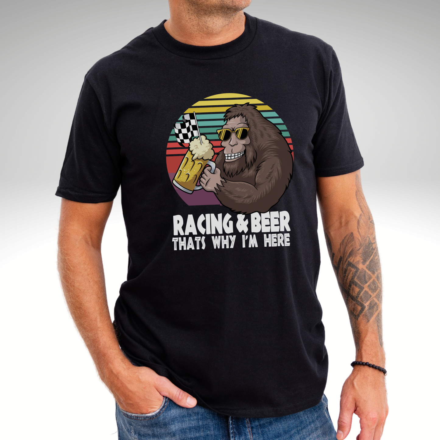Racing And Beer That's Why I'm Here Retro Bigfoot Men's T-Shirt