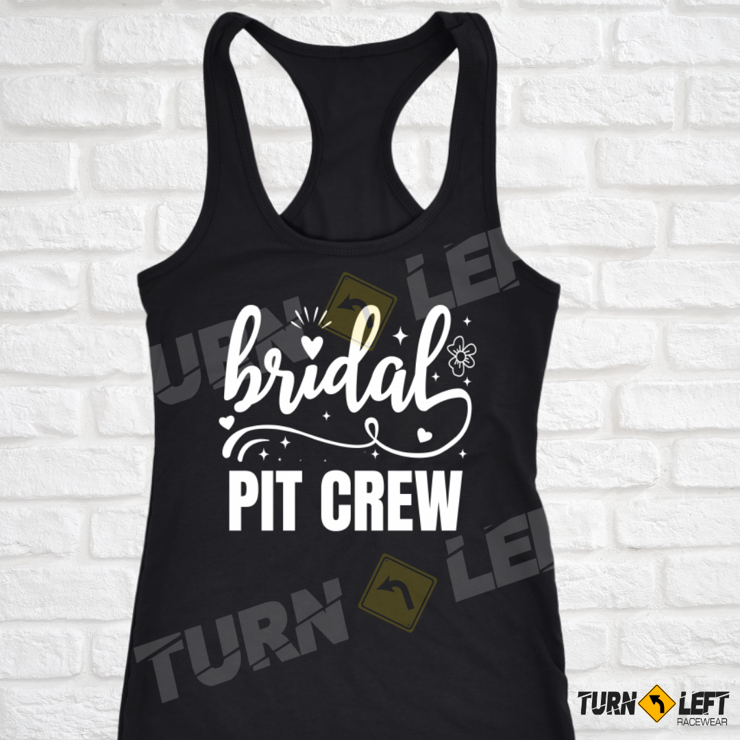 Wedding bridal party pit crew racing theme wedding. Maid of honor and bridesmaid pit crew tank tops.