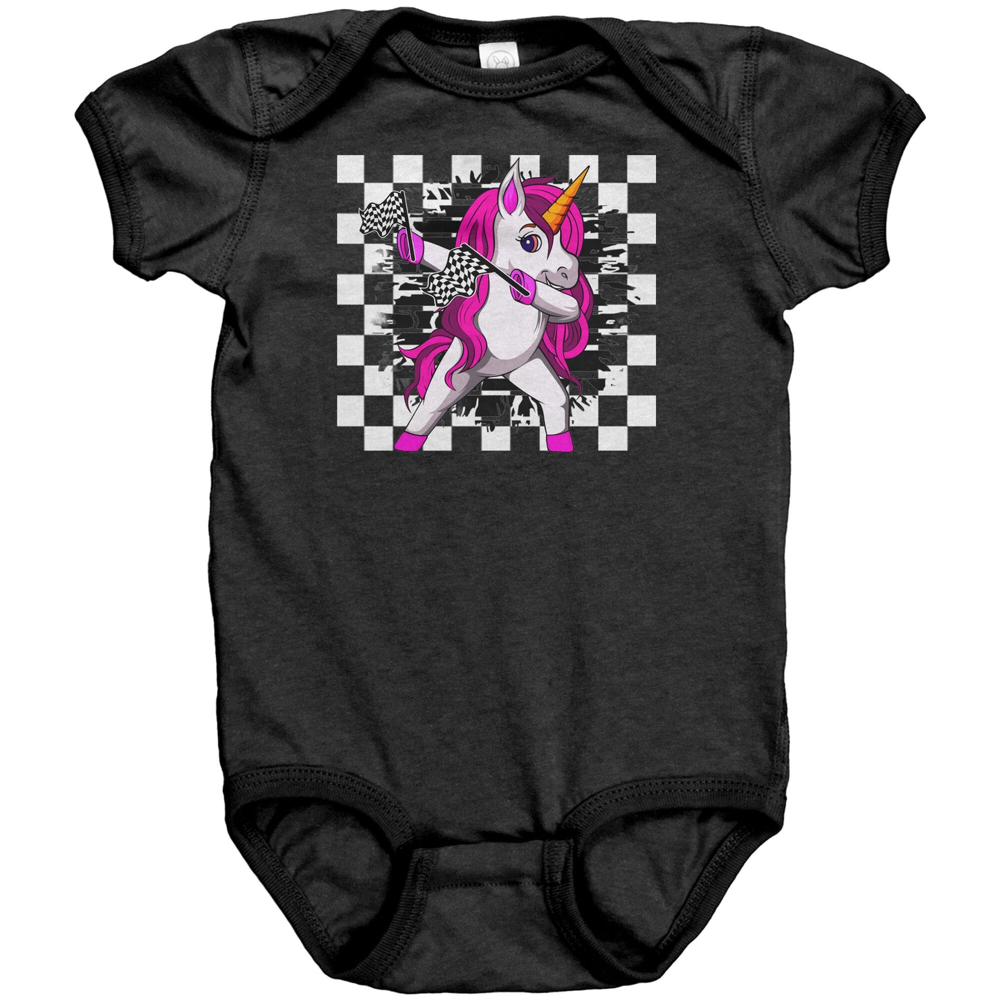 Unicorn Racing Checkered Flag  Baby Bodysuit