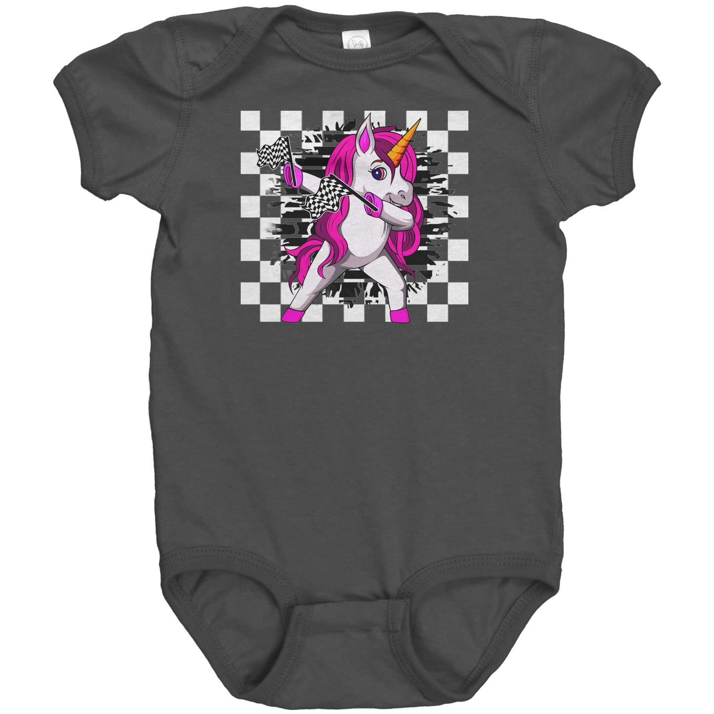 Unicorn Racing Checkered Flag  Baby Bodysuit