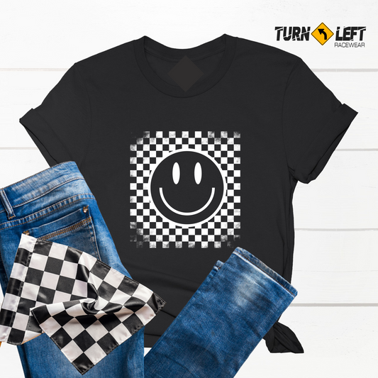 Smiley Happy Face Distressed Women T-Shirt. Checkered board Happy Face Design. Womens Racing shirts. Race day racing events t-shirts.