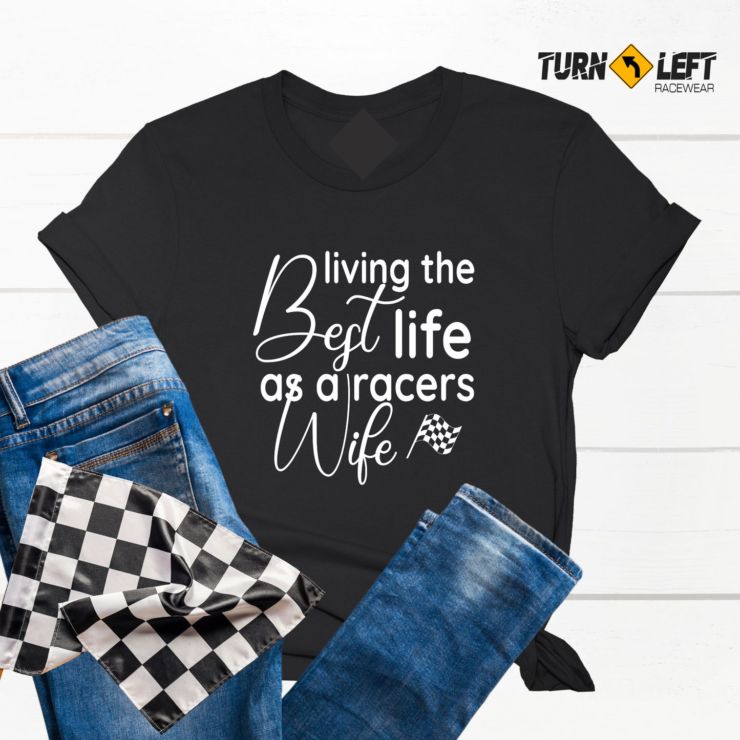 Living The Best Life As A Racers Wife T-Shirt. Looking for the perfect race track tee this racing season. Show some love for your favorite racecar driver. Living the Best Life As A Racers Wife T-shirts is the perfect race wife gift.