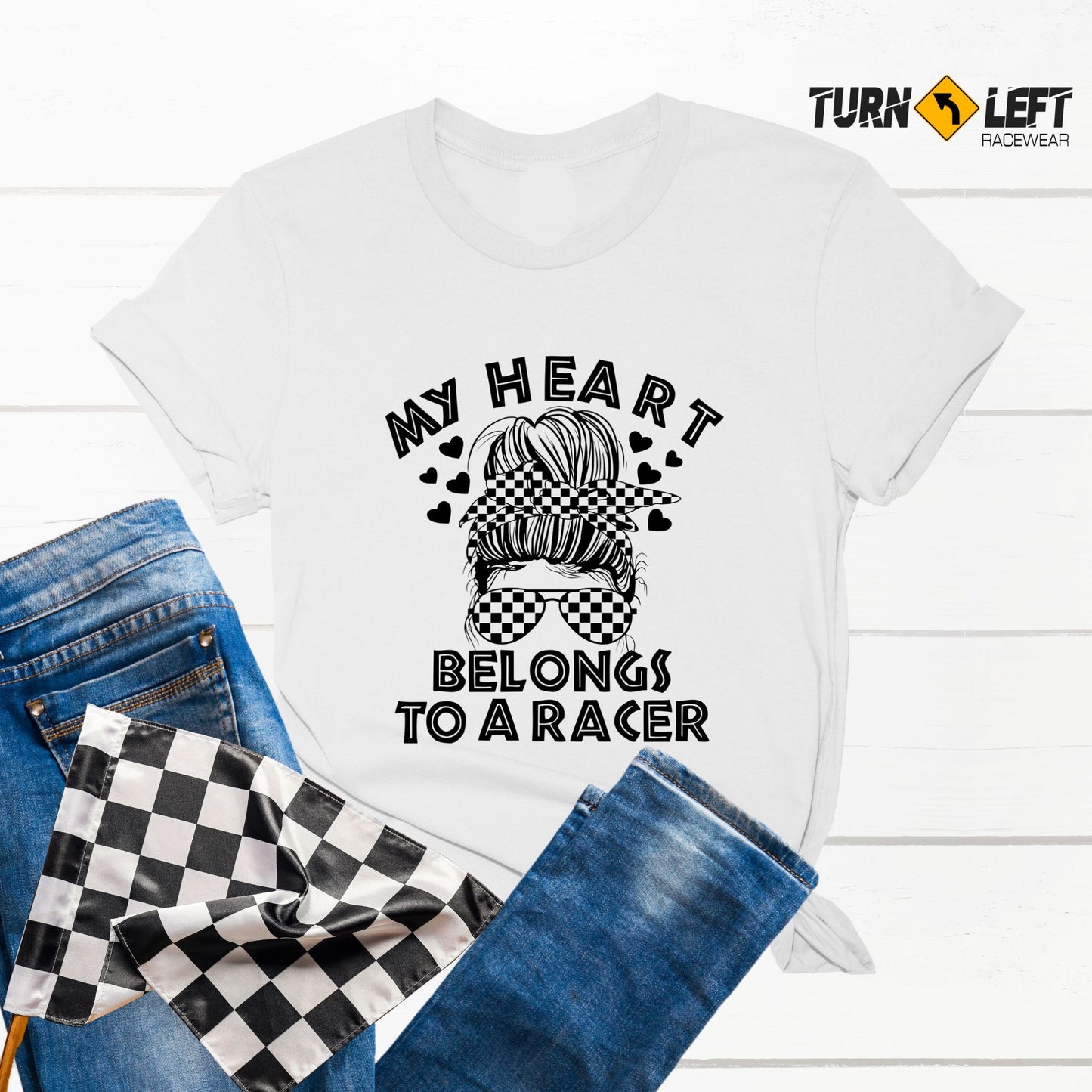 My Heart Belongs To A Racer Messy Bun T-Shirt