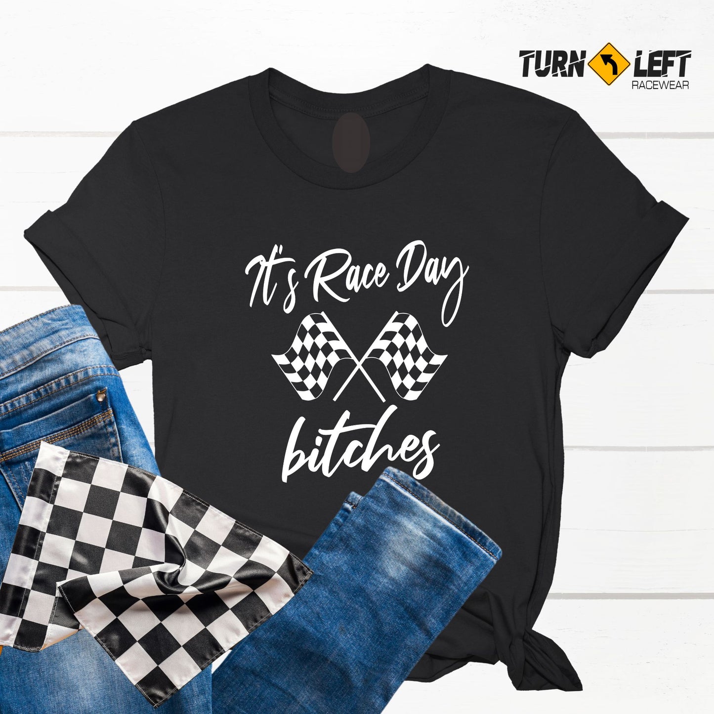 It's Race Day Bitches T-shirt Dirt Track racing shirts. Raceday Checkered flag t-shirts. Women's racing gifts