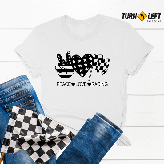 Peace Love Racing T-Shirts Women's racing shirts US Flag And Checkered Flag Race Track T-Shirts Racing gifts For Women. Dirt Track Racing Shirts By Turn Left T-Shirts Racewear 