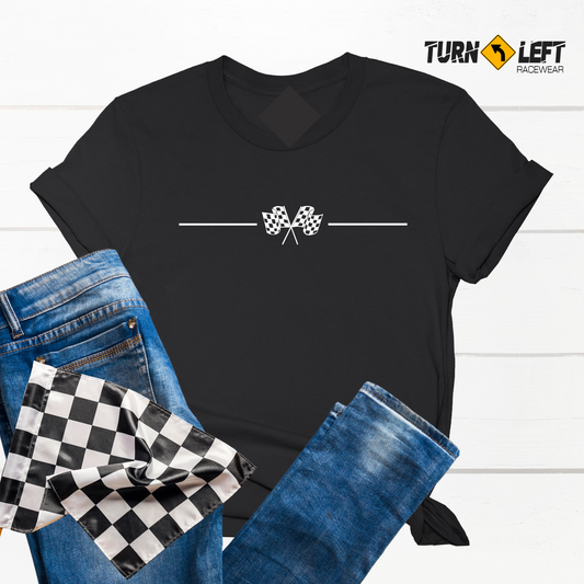 Womens checkered flag racing t-shirts. Checkered racing flag logo shirts