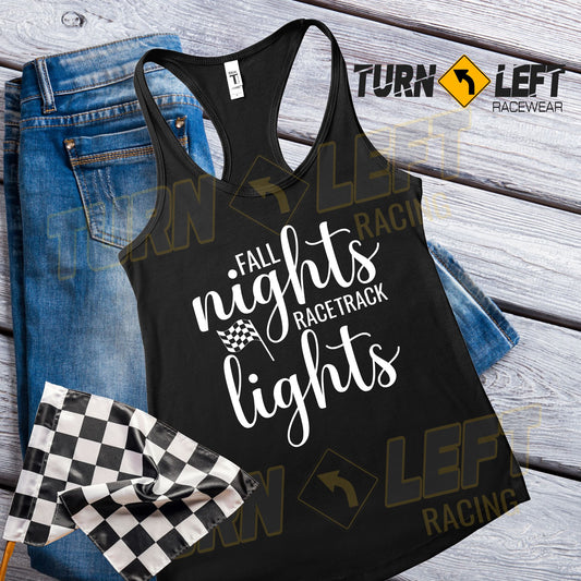 Women's racing Tank Tops Racing shirts. Racing track tank top. Dirt Track Racing Tank Tops for Women. Fall Nights Racetrack Lights. Womens racing gear for all your checkered flag racing events. s