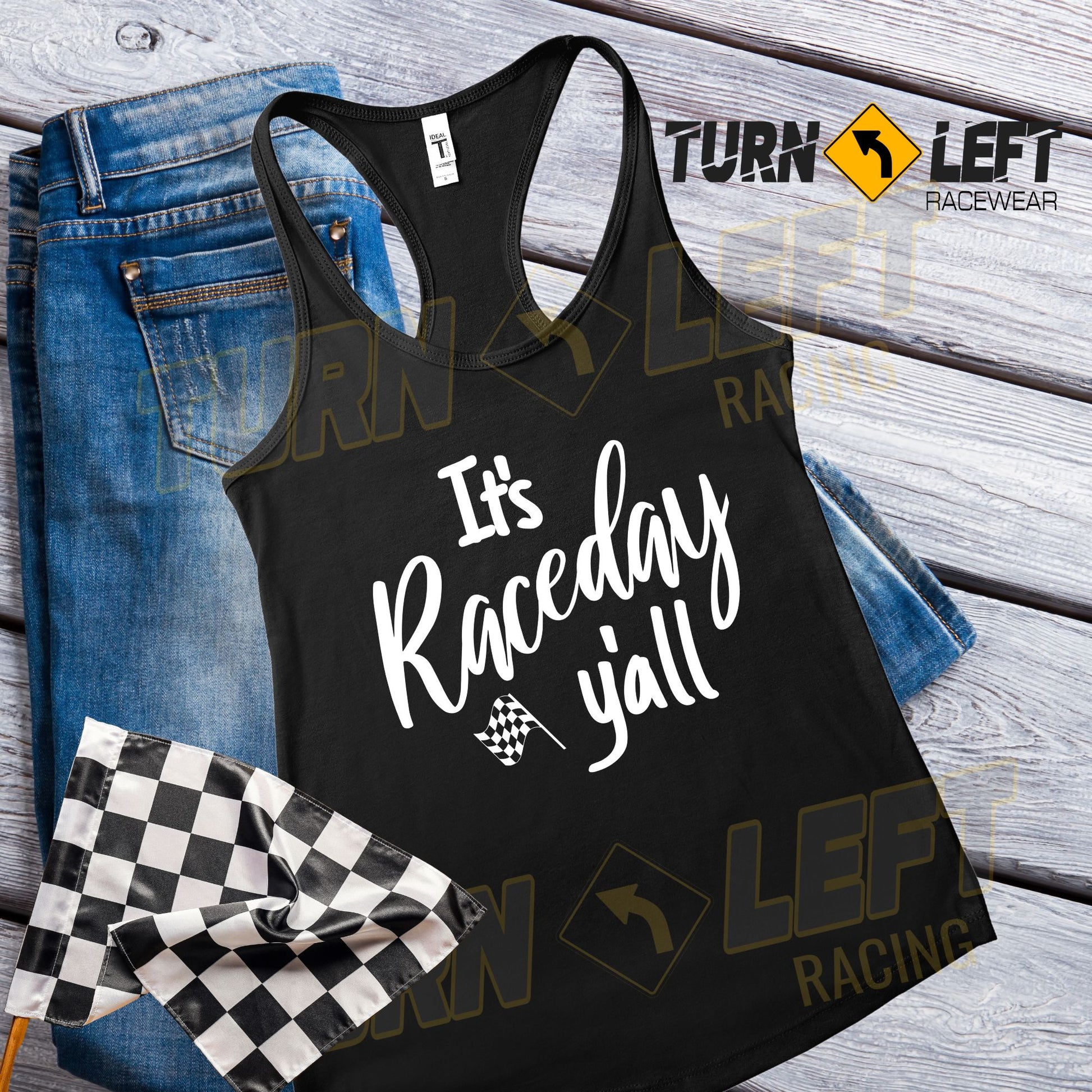 It's Raceday Y'all Tank Tops. Womens racetrack tank tops. Race quote shirts. Womens racing gifts. Dirt Track Racing Apparel. It's Race Day Y'all Shirts