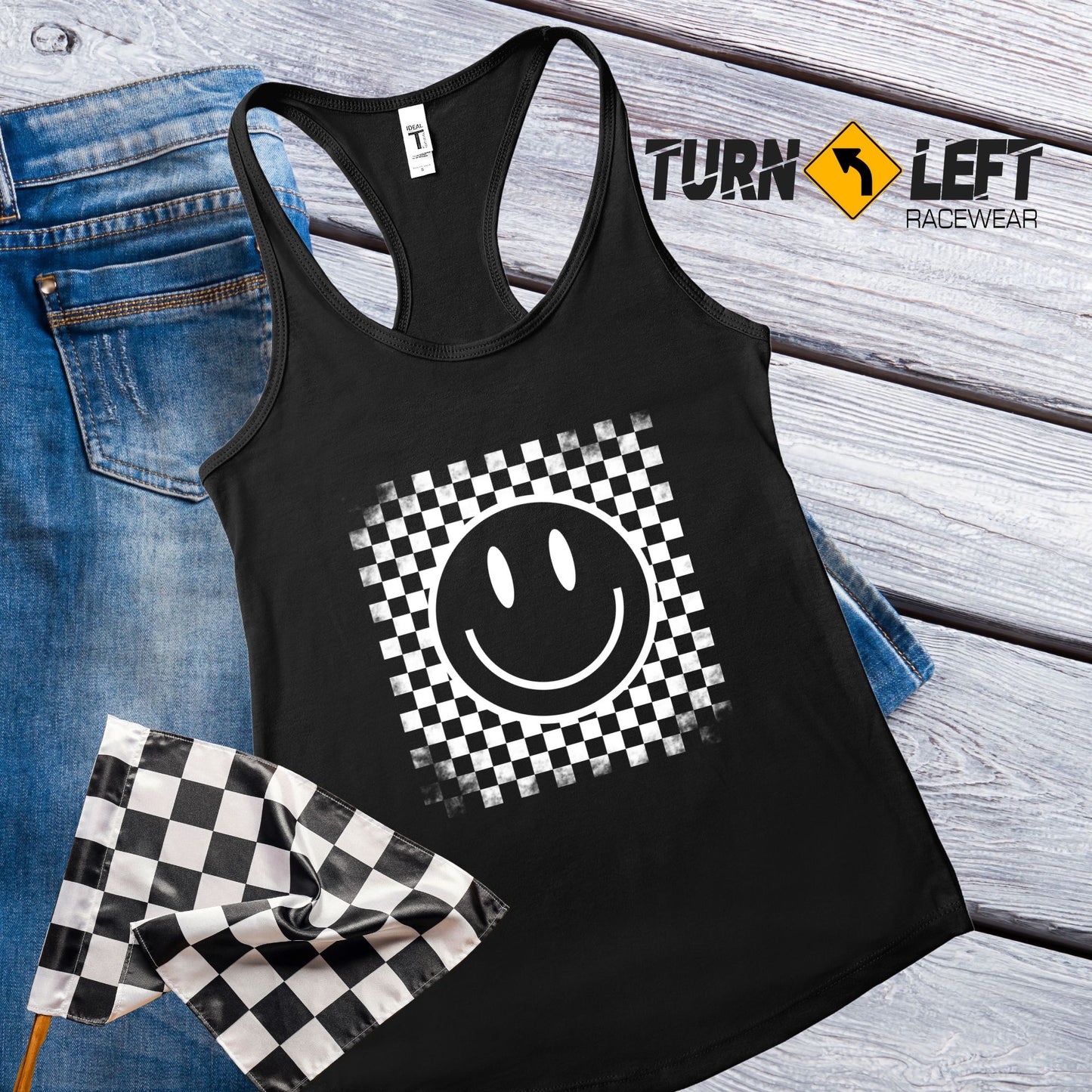 Women's Racing Tank Tops Happy Face Checkered Flag Graphic Racing Shirts Checkered  flag happy face shirts