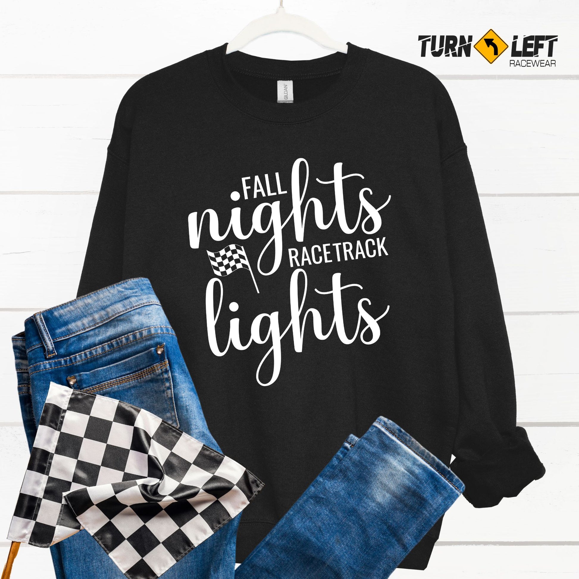 Best Racing Gear Racetrack racewear. Car racing sweatshirt Racing Quote Shirts for women. Fall Nights Racetrack Lights. Turn Left Racing Gear  
