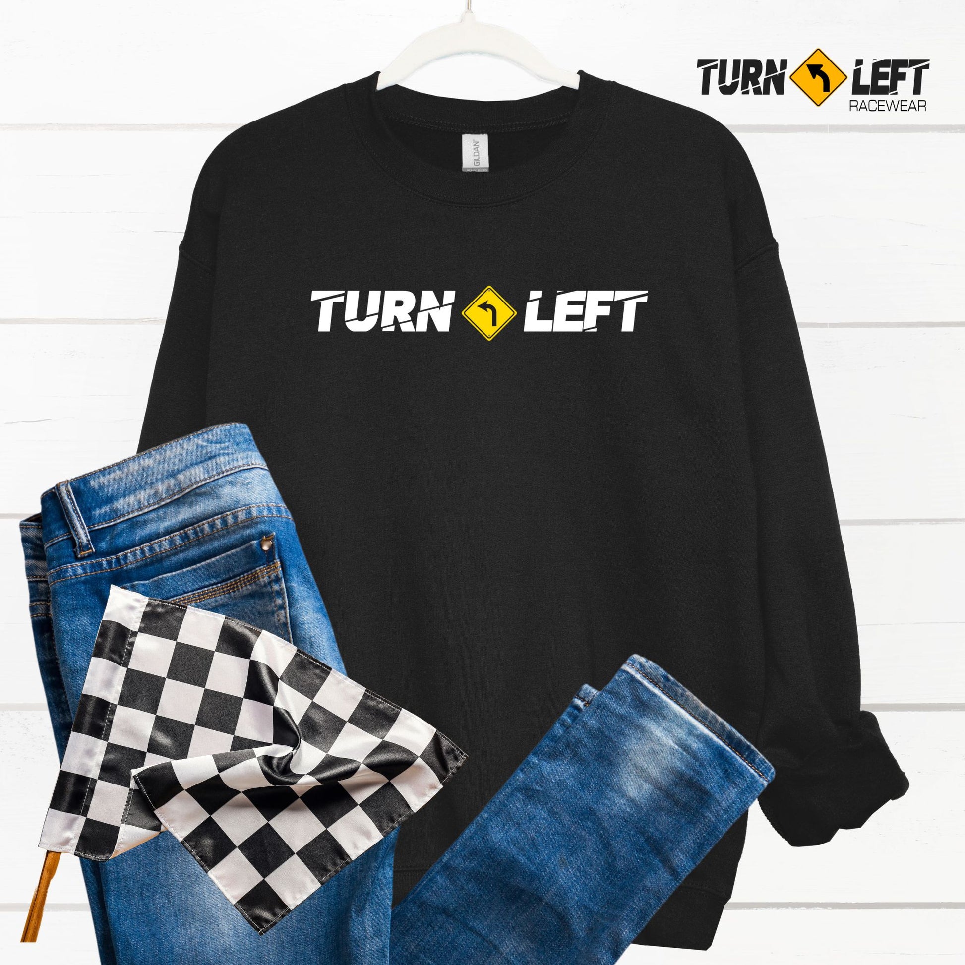 Turn left t-shirts racewear logo crewneck sweatshirts. Dirt Track Racing Shirts. Turn Left Logo Race Gear 