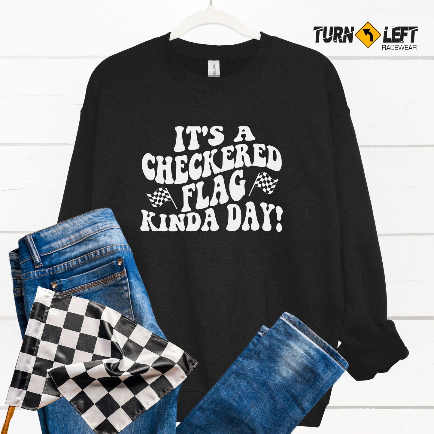It's A Checkered Flag Kinda Day Shirt. Womens Racing Sweatshirts. Raceday race merch racing apparel, 