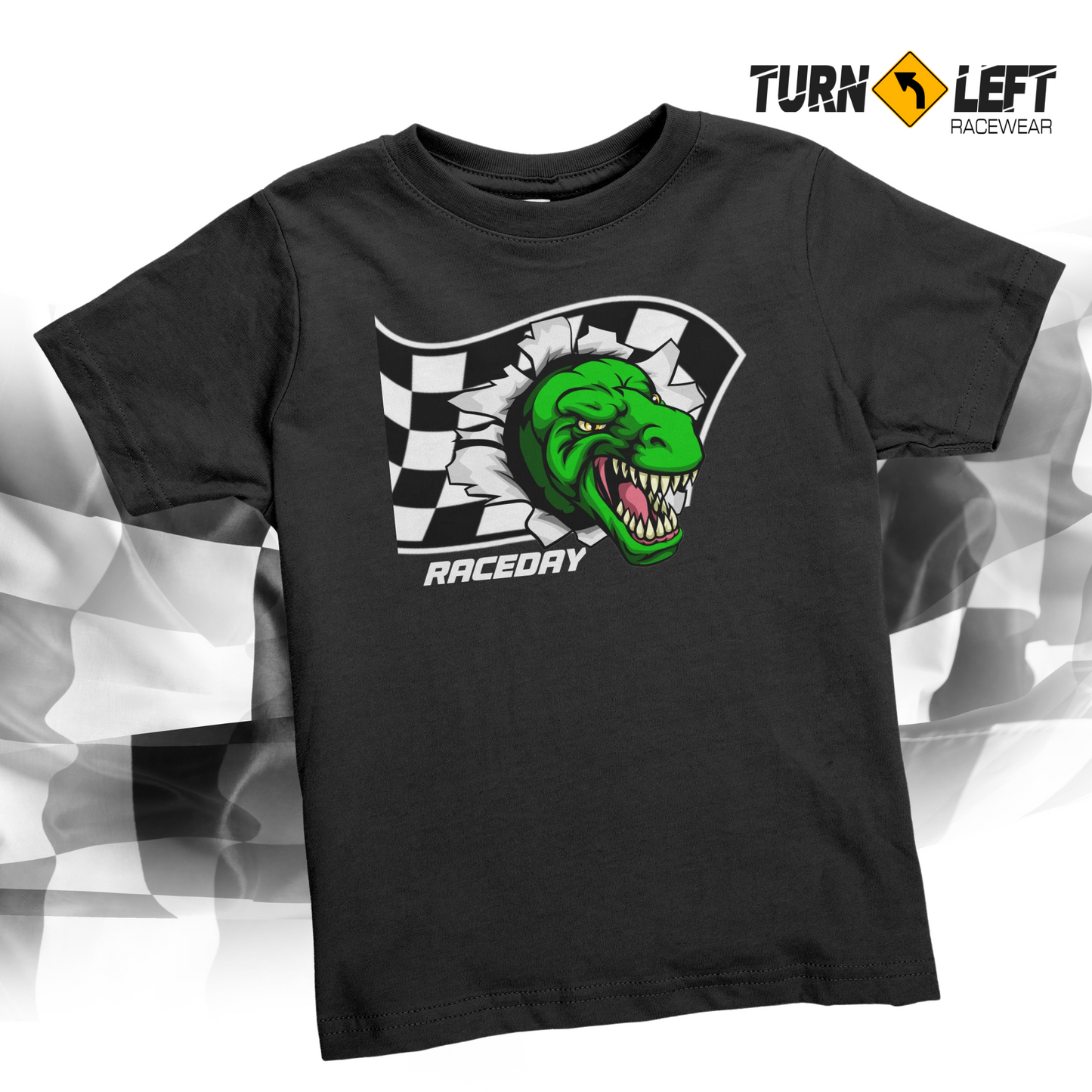 Kids Racing T-shirts Toddler racing shirts. T-Rex Racing Checkered flag race shirts. Racecar shirts for toddlers