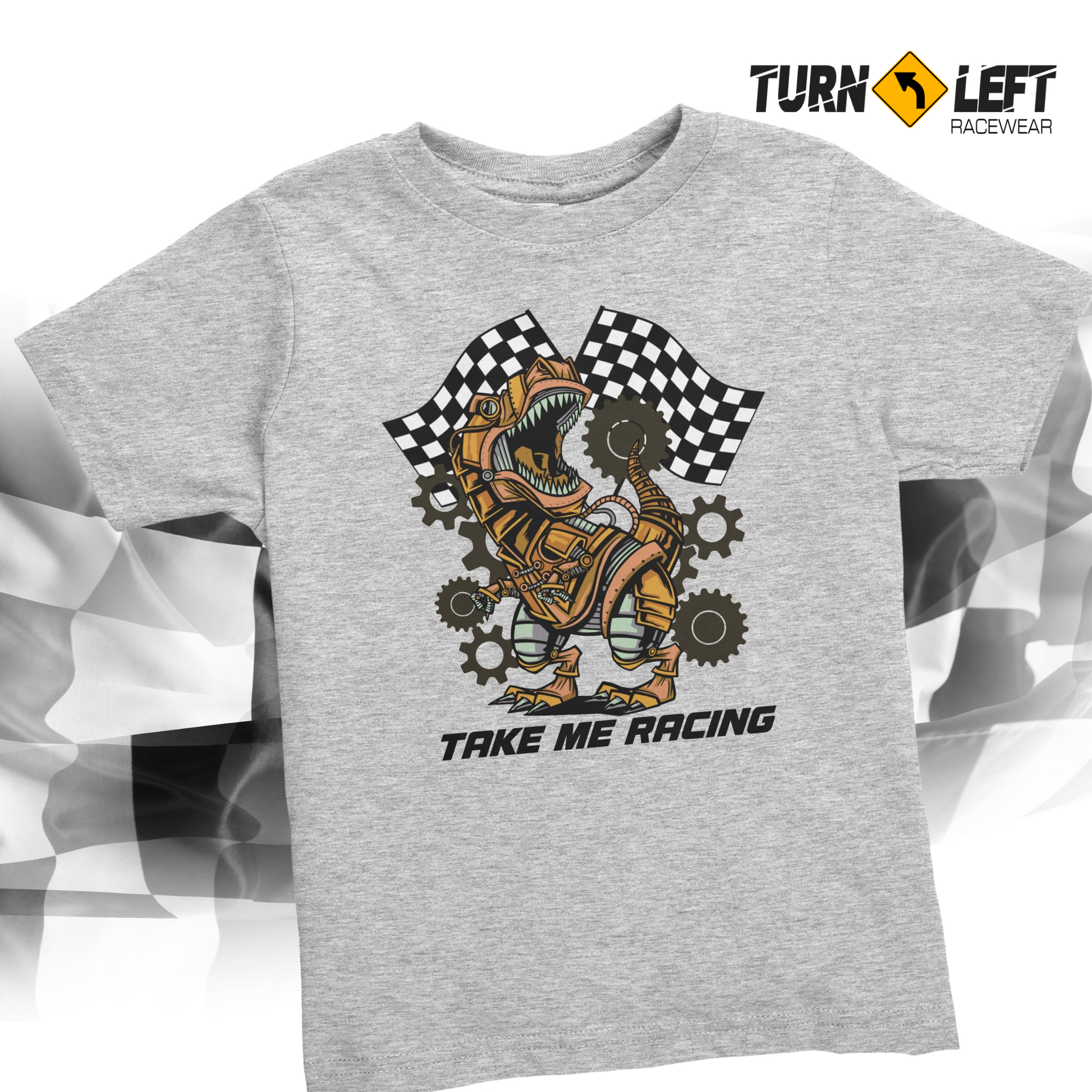 Kids Racing Shirts T-Rex Dinosaur Racing Graphic shirts for Boys and Girls. Dirt Track Racing Shirts for Toddlers. Kids Racecar flag  shirts
